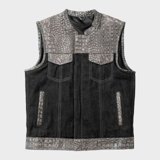 Plated Leather And Denim Grey Wax Motorcycle Mens Vest