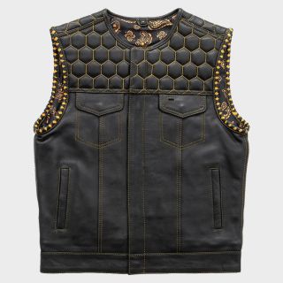 Mens Hunt Club Honey Grill Quilted Golden Paisley Leather Motorcycle Vest