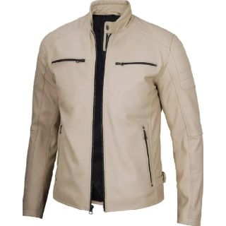 Beige Cafe Racer Leather Jacket for Men