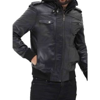  MENS BLACK BOMBER LEATHER JACKET WITH HOOD