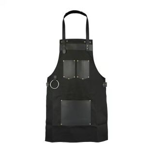 Black Canvas Apron With Black Full Grain Leather Pockets