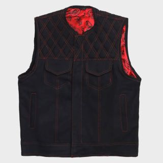 Black Denim Vest Leather vest Red Stich Leather Motorcycle Mens Leather Vest Biker Rider Club