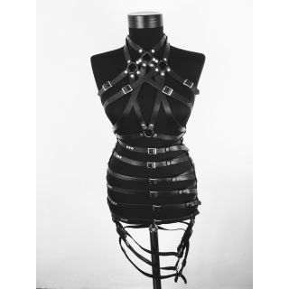 Black Leather 2-Piece Full Body Harness and Skirt Set