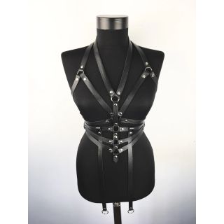 Black Leather 2-Piece Harness with Open Cup Bra
