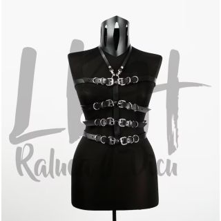 Black Leather Adjustable Chest Body Harness With Silver Hardware