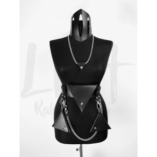 Black Leather Harness Belt with Triangle Bum Bag and Hanging Pouches 