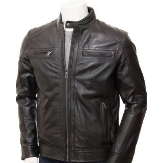 Black Leather Double Pockets Biker Jacket Men’s
