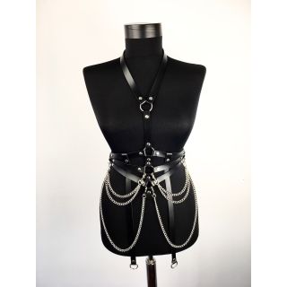 Black Leather Harness with Chains and Hanging Strips 