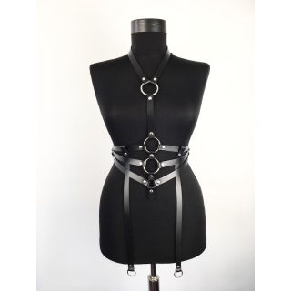 Black Leather Harness with Hanging Strips and Quality Hardware