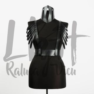 Black Simple Leather Body Harness Top with Layered Shoulder Strings