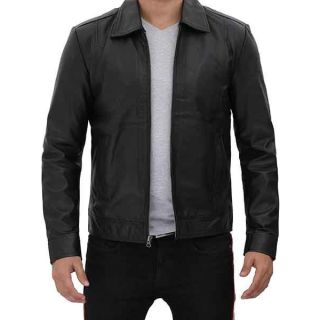 Burr Men Black Vintage Shirt Collar Leather Jacket