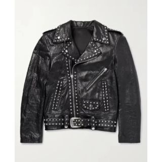 Celine Homme Studded Belted Textured Black Leather Jacket