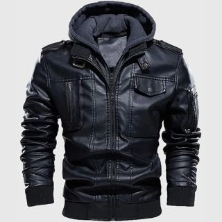 Chris MenGÇÖs Black Hooded Bomber Leather Jacket