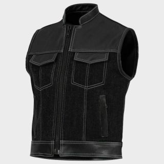 Leather and Denim zipper white Stitching Motorcycle Biker Vest
