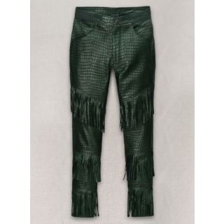 Croc Metallic Green Tiered Fringes Leather Pants