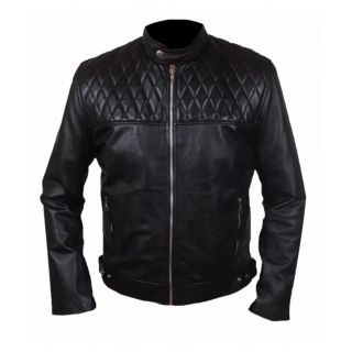 Diamond Chest Quilted Black Leather Jacket
