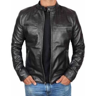 Dodge Mens Black Leather Biker Jacket