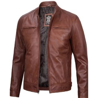 Dodge Mens Cognac Cafe Racer Leather Jacket