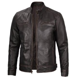 Dodge Mens Rub-off Dark Brown Cafe Racer Leather Jacket