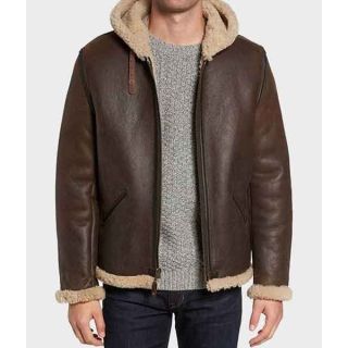 Dowell MenGÇÖs B6 Dark Brown Hooded Shearling Leather Jacket
