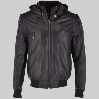 Eddison Mens Black Bomber Hooded Leather Jacket