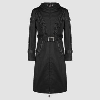 Gothic Long Hooded Braided Leather Straps Coat