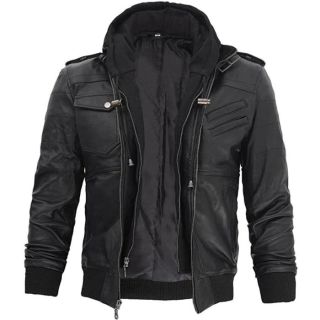 Handmade Motorcycle Cafe Racer Lamb Leather Jacket with Removable Hood for Men in Black Color