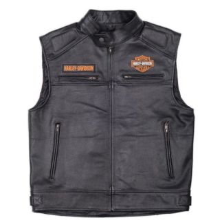Harley Davidson Mens Motorcycle Distressed Black Leather Biker Vest Concealed Carry