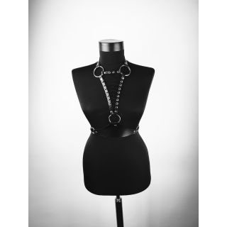 High-Quality Black Leather Harness with O-Rings and Lace Detail 