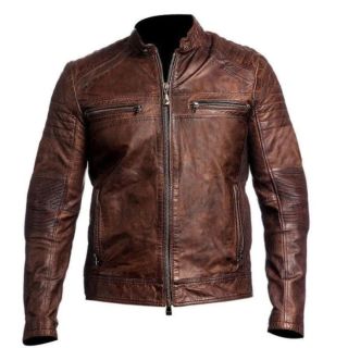 High Quality Handmade Distressed Brown Motorcycle Real Lambskin Leather Jacket for Men