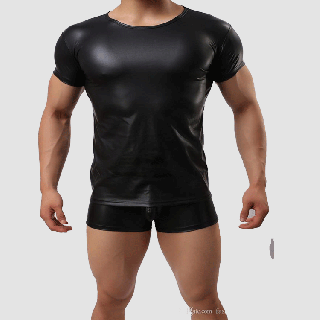 High Quality Men Black Leather T-Shirts Male Flexible Tight Tops Short