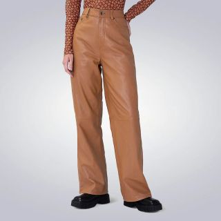 High Rise Brown Leather Pants for Women 