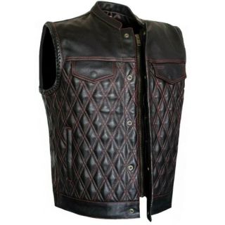 Hunt Club Men Padded Club Style Red Stitched Biker Motorcycle Concealed Carry Leather Vest