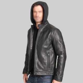 Jam Hooded Black Biker Leather Jacket