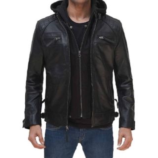 Johnson Mens Hooded Black Leather Jacket