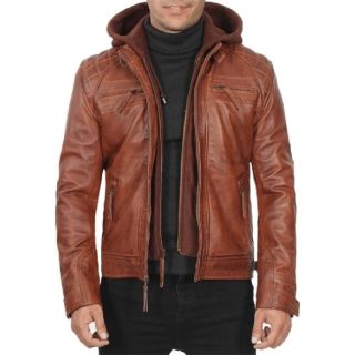 Johnson Mens Quilted Tan Leather Jacket with Detachable Hood