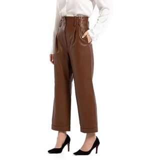 Womens Leather Pants In Brown Color And Belted Waist 