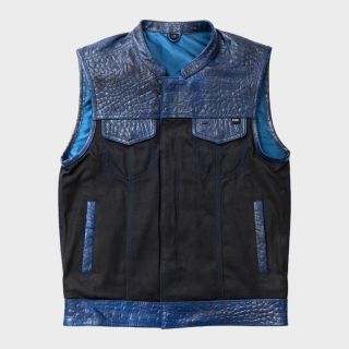 Men's Blue Wax Motorcycle Leather And Denim Vest