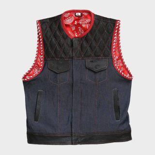 Diamond Quilted Perforated Leather Style Denim & Leather Motorcycle Vest