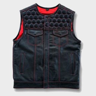 Mens Hunt Club Honey Grill Quilted Red Stich Leather Denim Style Rider Vest