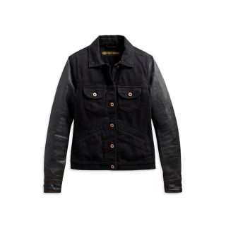 LOGO LEATHER SLEEVE DENIM JACKET