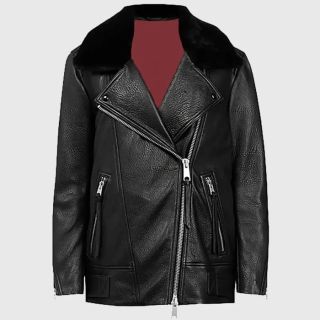 Lucy Womens Black Shearling Leather Biker Jacket