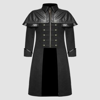 Men Black Gothic Steampunk Wool Military Long Coat