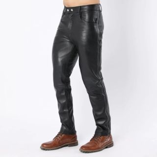 Men Black Sheep Leather Pants With Side Panel And Double Button Closure 