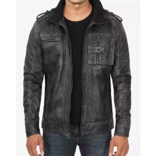 Mens Biker Style Black Leather Jacket