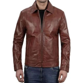 Mens Classic Shirt Collar Brown Leather Jacket