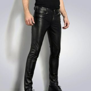 Men's Black Real Leather Skinny Jeans 