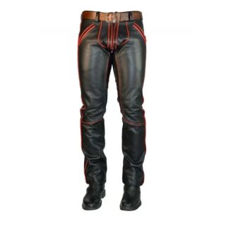 Mens Bold Fashion Real Lambskin Black Leather Pants