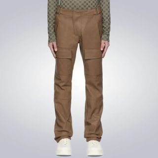 Mens Brown Vagen Leather Moto Faux Cargo Pants