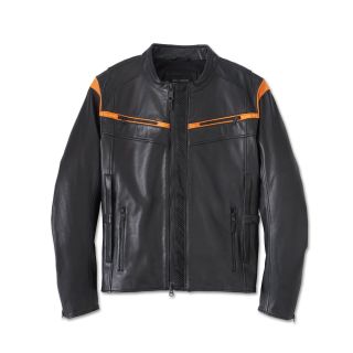 Mens Capitol Triple Vent System 2.0 Leather Jacket Harley Black & Harley Orange